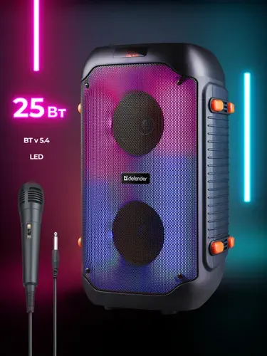 Колонка блютуз беспроводная Defender Бумер 25, 25Вт, с подсветкой, FM, USB, MicroSD, с разъемом для микрофона
