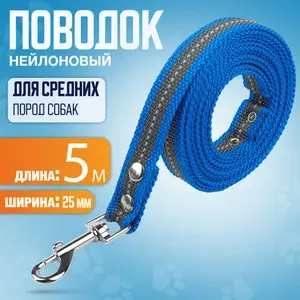 Поводок нейлоновый 5м х 25мм, сине-серый, из ленты высокой плотности, для средних пород собак.