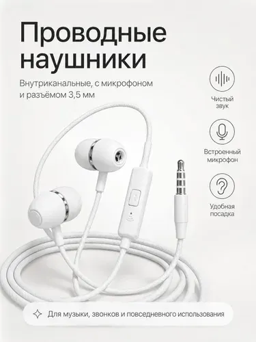 Наушники проводные с Микрофоном / Вакумные вкладыши для телефона, смартфона с разъёмом Jack 3,5 / Белые