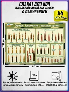 Информационный учебный плакат "Образцы боеприпасов стрелкового оружия" / ламинированный / А4 (30x21 см.)