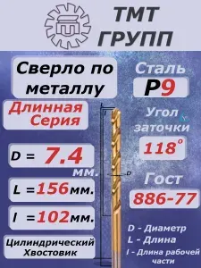 Сверло по металлу, цилиндрический хвостовик, ц/х, дл. 7.4 кл.А1 Р9 н/тит ТМ*