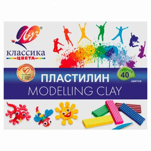 Пластилин классический ЛУЧ Классика 40 цветов, 800 г, со стеком, картонная упаковка