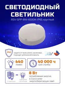 Светильник потолочный круглый RSV-SPP-8W-6500K-IP65, 8 Вт, 640 Лм, IP65