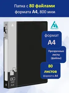 Папка с 80 файлами / вкладышами Бюрократ, А4, пластик, 800 мкм, черная