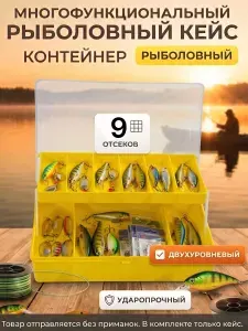 Органайзер для рыболовных приманок двухсторонний, коробка для воблеров и блёсен, 9 отсеков