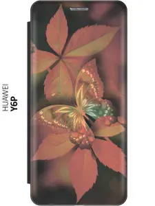 Чехол-книжка на Huawei Y6P / Хуавей У6Р c принтом "Желтые листья и бабочка" черный