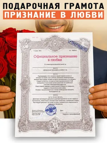 Грамота подарочная Признание в любви, открытка, светло-серый, Бюро Находок