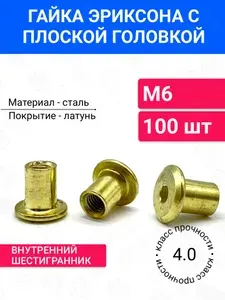 Гайка Эриксона М6 с плоской головкой 100 шт, материал сталь, покрытие латунь