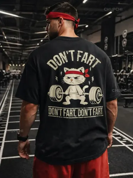Плотная футболка оверсайз черная с принтом Котик DON'T FART без бренда