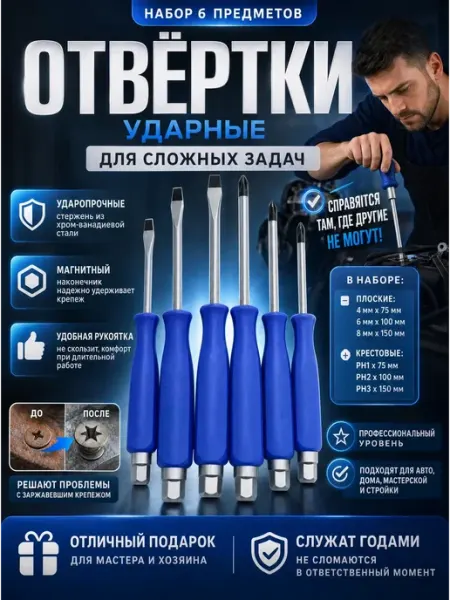 Набор отверток крестовых и шлицевых для ремонта 6 шт BELLIS