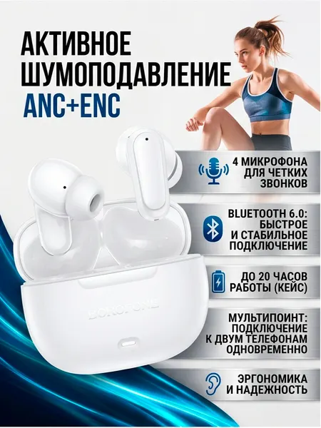 Наушники Borofone BW96 ANC+ENC, 4 микрофона Bluetooth 6.0 белый