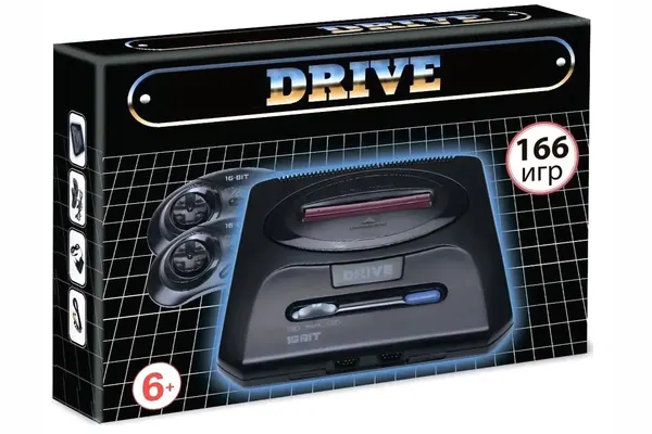 Игровая Приставка 16 бит Drive Classic Black 166 встроенных игр, 2 джойстика, AV кабель