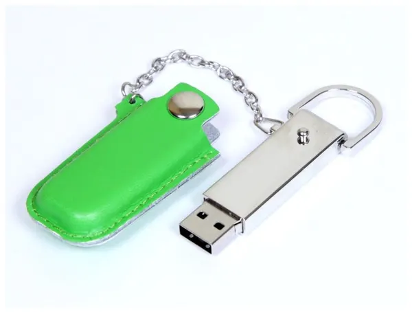 Массивная металлическая флешка с кожаным чехлом (128 Гб / GB USB 2.0 Зеленый/Green 214 Доступна гравировка)