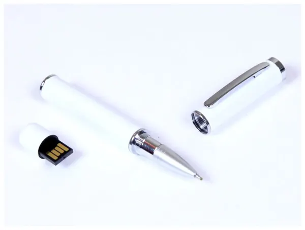 Флешка в виде металлической ручки с мини чипом (64 Гб / GB USB 2.0 Белый/White 366 металлический корпус для гравировки логотипа)