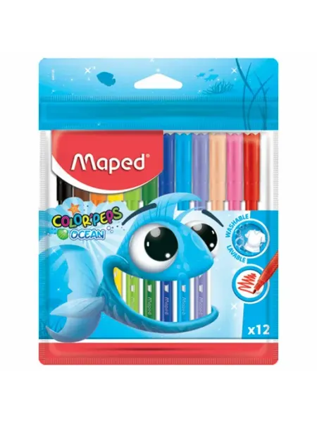 Фломастеры MAPED Color'Peps Ocean, 12 цветов, смываемые