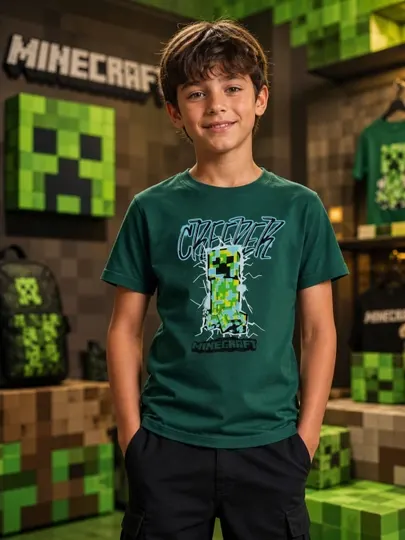 Зеленая детская футболка с принтом Minecraft Creeper (Турция )