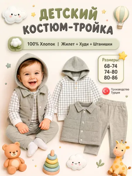 Костюм для малыша спортивный тройка с жилеткой Турция