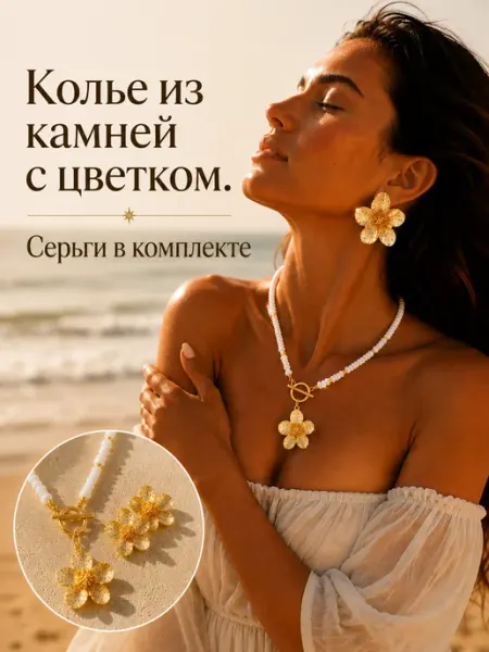 Cristalika Бусы колье натуральные камни Цветок с Серьгами