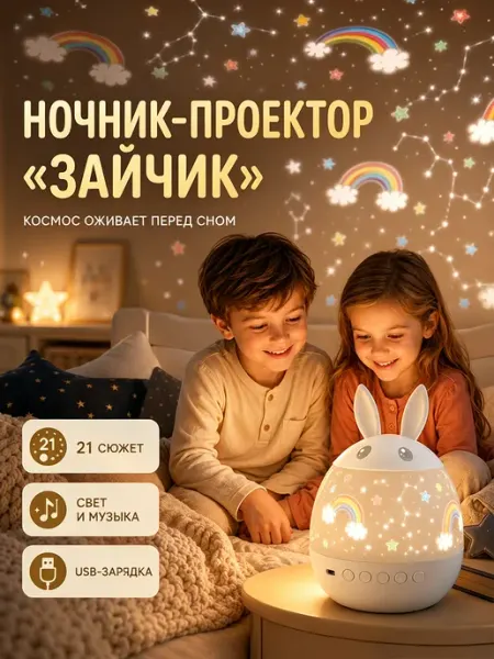 Ночник‑проектор кролик, музыка, звездное небо, для детей