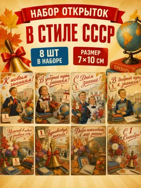 Набор мини открыток на 1 cентября в стиле СССР 8 шт 7х10 см
