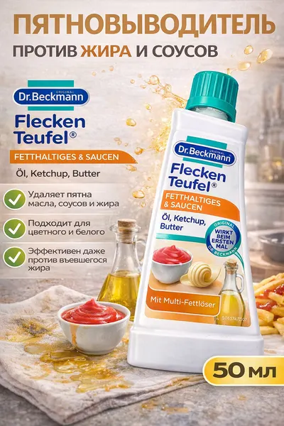 Пятновыводитель Dr.Beckmann "Эксперт жиры и соусы", от жирных и масляных пятен, пятен соуса, кетчупа и шоколада, 50 мл