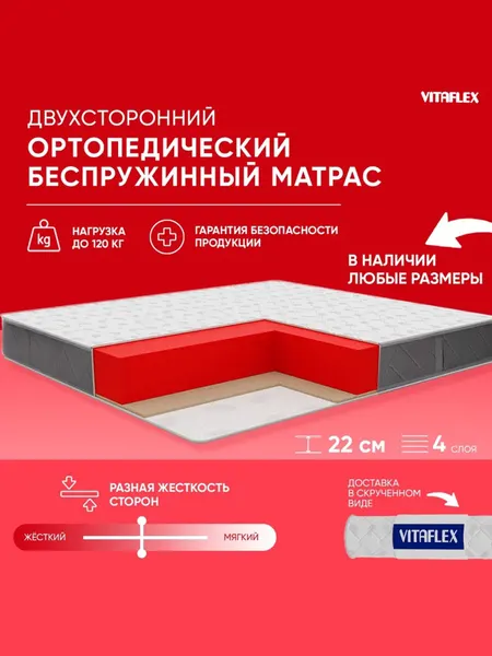 Матрас ортопедический 110х190 Vitaflex Anatomic V Sk беспружинный, с кокосом, разная жесткость, в рулоне