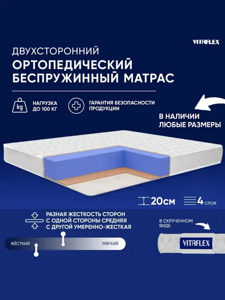 Матрас беспружинный 120х190 Vitaflex Medicine 19V Sk, ортопедический , ППУ, с кокосом, разная жесткость, в рулоне