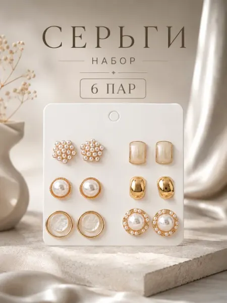 Набор сережек пусеты с жемчугом бижутерия 6 пар MIVECO