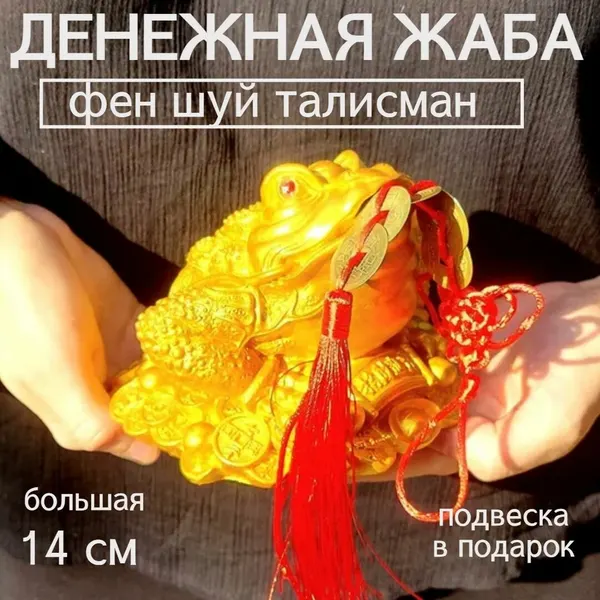 Денежная жаба большая 14 см с подвеской 5 монет фен шуй