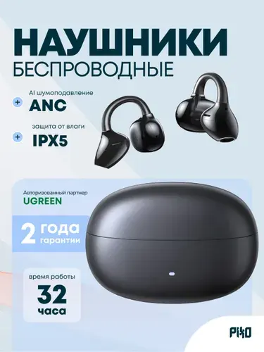 Наушники клипсы беспроводные Ugreen ClipBuds Pro с шумоподавлением ANC открытые, Bluetooth 6.0, Hi-Res, LDAC, до 32 часов, чёрные