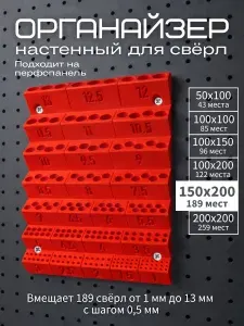 Органайзер для сверл 1-13мм, 200х150мм, держатель для сверл настенный, подходит к перфопанели, красный
