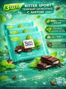 RITTER SPORT Темный шоколад с мятой, 100 г x 3 упаковки