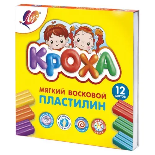 Пластилин ЛУЧ Кроха восковой мягкий 12 цветов, 180 г, со стеком, картонная упаковка