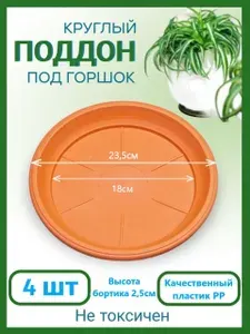 Круглый поддон для цветочного горшка, пластик, внешний диаметр 23,5 см, внутренний 18 см, бортик 2,5 см