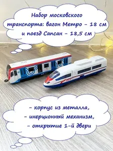 Набор 2-х вагонов московского транспорта Метро и Сапсан 18 см/ металл.