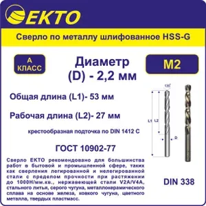 Сверло по металлу шлифованное HSS-G M2 DIN 338 2,2 мм цилиндрический хвостовик EKTO