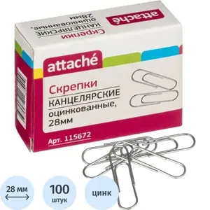 Скрепки Attache оцинкованные,28 мм,негофрированные,100 шт/уп