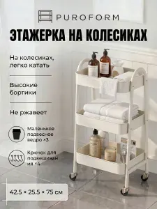 Этажерка на колесиках 76*40*30 см, металлическая 3 яруса, мобильная полка для ванной, кухни, косметики и парикмахерских принадлежностей, белая