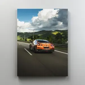 Интерьерная картина на холсте "Японский спортивный авто - Nissan GT-R на фоне гор" размер 30x40 см