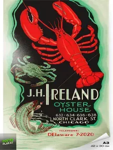 Постер на кухню винтажный, рекламный плакат ресторана в Чикаго JH Ireland Oyster House, ретро постер на стену для интерьера, А3 (420х297 мм), ПП
