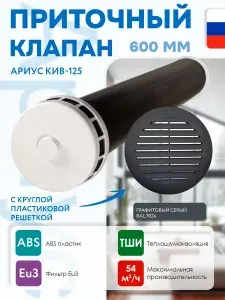 Ариус приточный стеновой клапан КИВ-125 600 мм, круглый, с теплошумоизоляцией и серой пластиковой решеткой