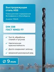 Сверло по металлу NORGAU Industrial, HSS с парооксидированной обработкой и шлифованным профилем, спиральное,, DIN338, 9 мм