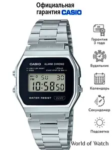 Часы наручные мужские электронные Casio A158WEA-1 Vintage секундомер, будильник, металлический браслет
