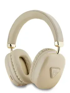 Наушники GUESS PU Saffiano беспроводные накладные полноразмерные мониторные, с микрофоном, с отделкой экокожей и металлическим лого Triangle Metal logo, золотые