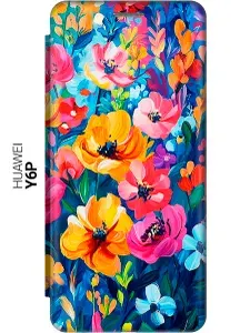 Чехол-книжка на Huawei Y6P с принтом "Цветочное ассорти" золотой