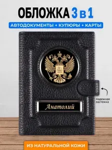 Портмоне мужское из натуральной кожи / Кошелек мужской / Обложка для автодокументов с кошельком Анатолий