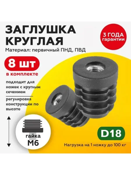 TakeCAPПРОИЗВОДСТВО Пластиковая круглая заглушка с резьбой М6, D18 (8шт)