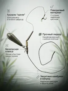 Карповый монтаж, готовый, с безопасной клипсой, грузило капля, 60 гр