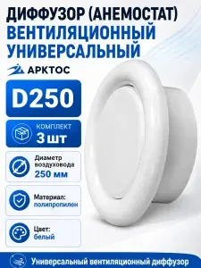 Диффузор (анемостат) вентиляционный универсальный Арктос, D250, 3 шт, пластик, белый