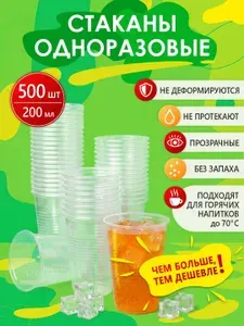 Стаканы одноразовые 200 мл 500 шт, пластиковые, прозрачные, стаканчики для горячих и холодных напитков, для кофе, для чая, одноразовая посуда для пикника, праздника